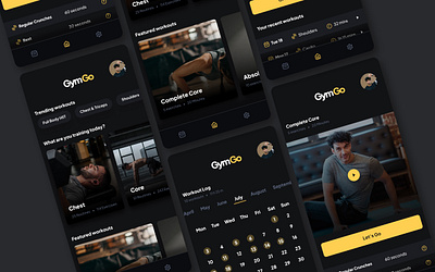 GymGo Fitness App UI app black dark design fitness mobile product tracker ui user interface yellow