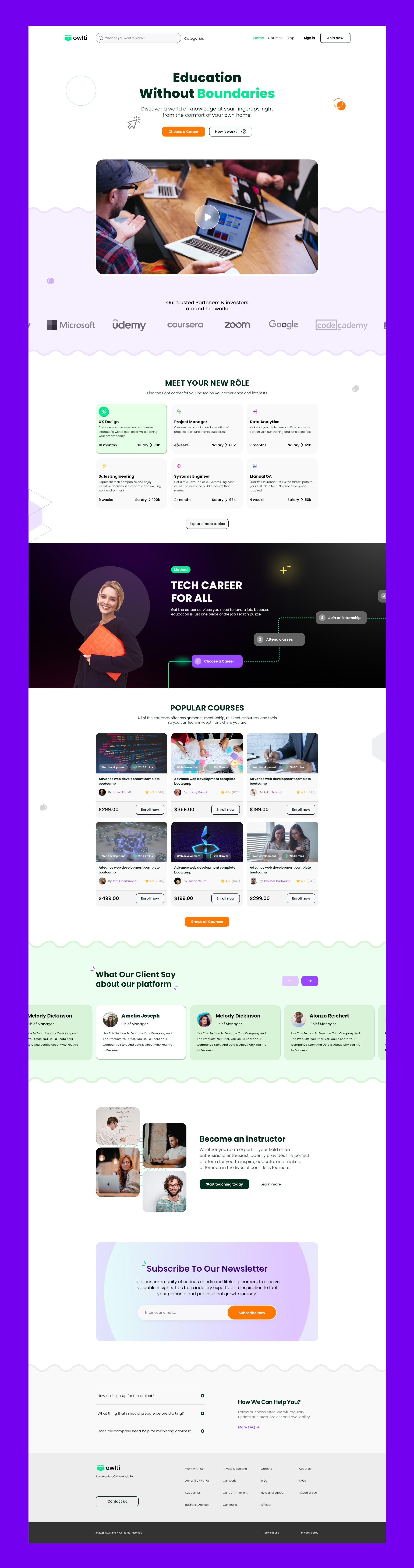 Owlti landing page, final design art e learning education exploration flat design landing page minimalist student teacher ui ui ux web design web page design web ui webpage design