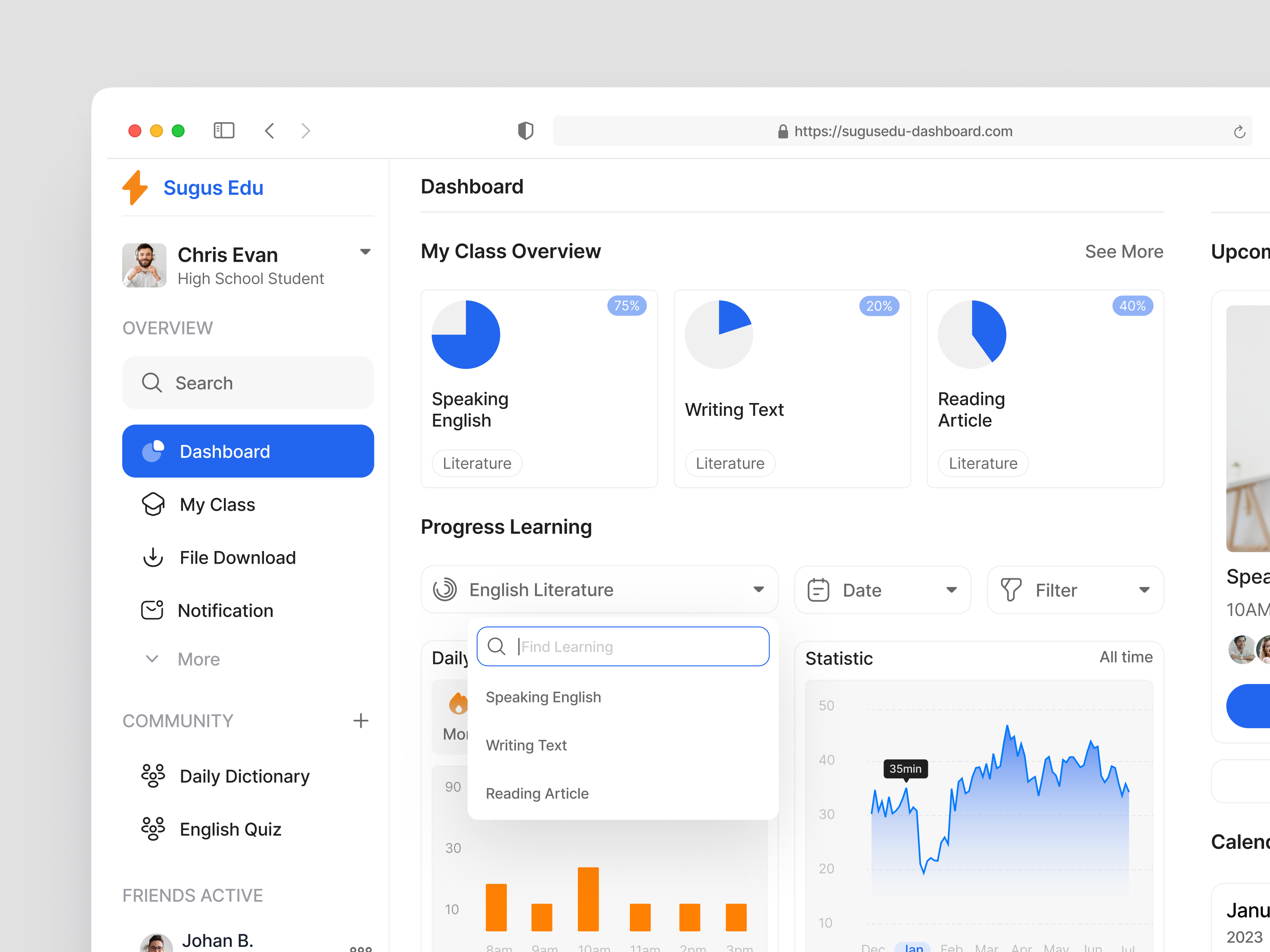 Sugus Edu - Online Learning Dashboard chart chart detail chart tracker class learning dashboard education educational grafik learning learning dashboard meet dashboard online class online course online learning online tracker product design responsive statistic studying white space
