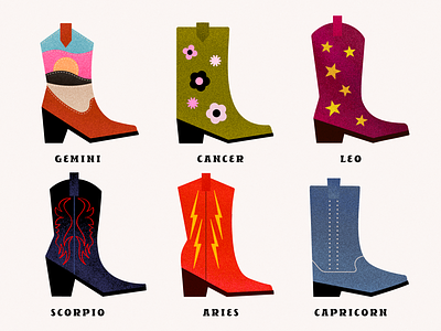Zodiac Cowboy Boots aquarius aries astrology boot capricorn cowboy cowgirl fashion gemini illustration leo libra pisces sagittarius scorpio shoe taurus vector virgo zodiac