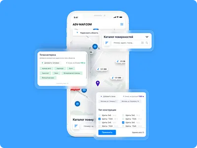App Search Optimization-Filters for Ad Placement Search Platfor app blue filters glassmorphism interaction map search search engine ui userroad ux uxuidesign