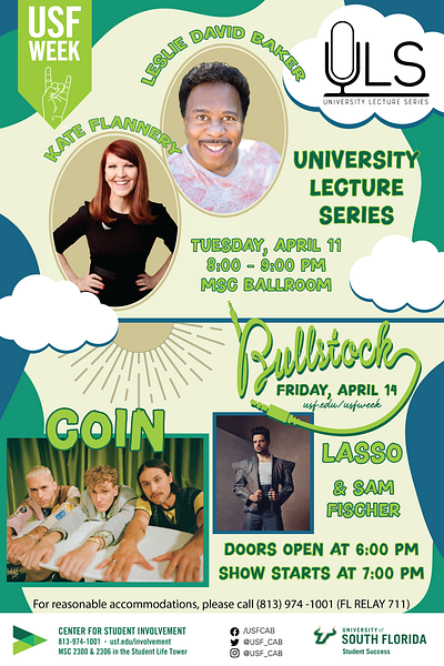 USF University Lecture Series and Bullstock Concert Flyer design graphic design