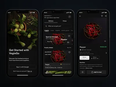 VegieGo- grocery delivery mobile app dark mode delivery app grocery app ui ux design