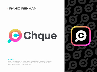 Chque - Logo design for People Background Search Website branding creative logo design finder hiring icon information technology job finder lenses logo logotype magnifier logo magnifying glass minimal logo modern logo saas search engine search logo symbol tech fintech technology