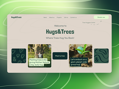 Web Design | Hugs&Trees 3d background banner blur card cards depth eco green illustration non profit organization planting texture trees user experience user interface web web design