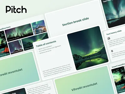 Pitch template "Vihreät revontulet" clean design green northern lights pitch slide summer template