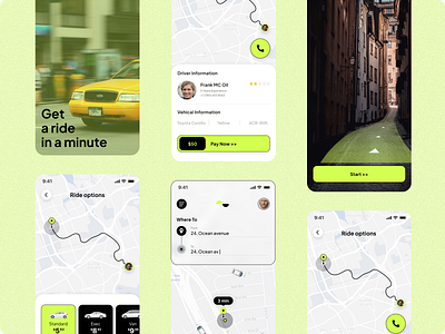 Taxi Booking App UI Kit Neobrutalism bold colors clean figma interactive map mobile app neobrutalism neon green taxi app taxi booking app transportation ui design ui kit ux design