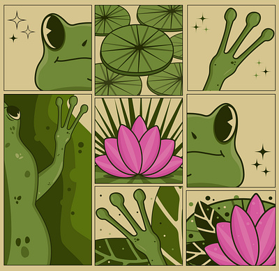 A set of posters with a frog, a lotus and leaves graphic