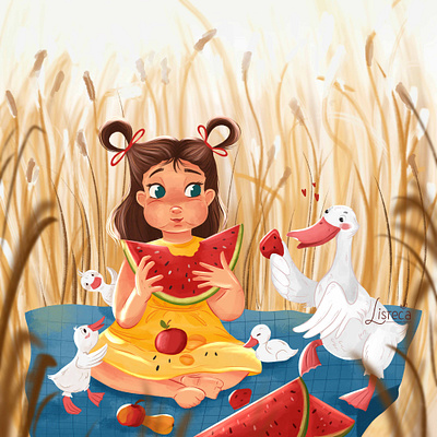Childhood summer with watermelons and naughty geese book illustration cartoon character design childhood children illustration digital art drawing geese illustration kids art picnic summer summer vibe watermelon