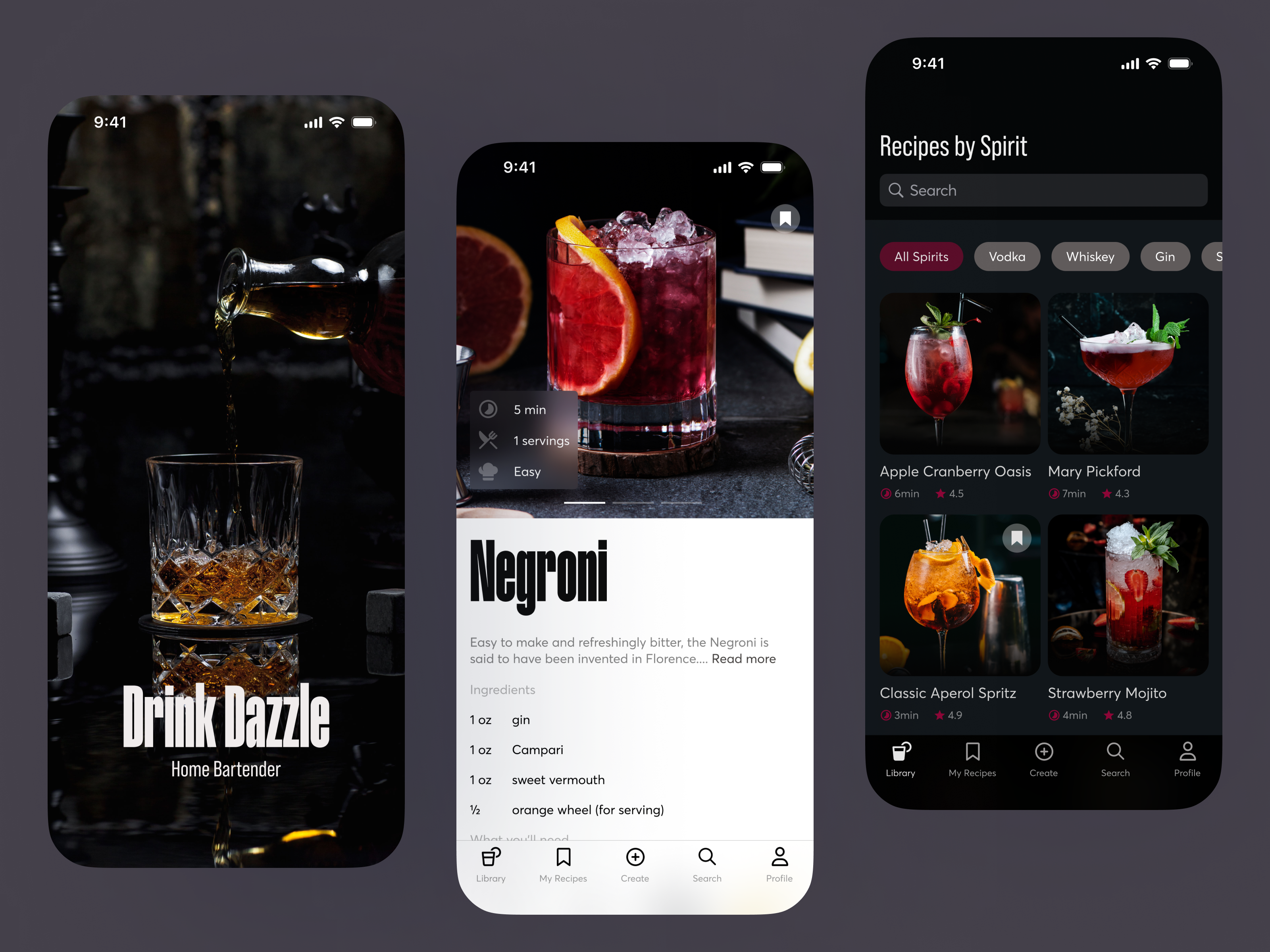 Home Bartender App bar bartender clean cocktail cocktail bar daily ui dark dark mode drinks figma menu minimal mobile app mobile design recipe recipes typography ui userinterface ux ui