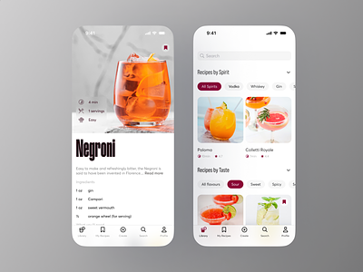 Cocktails recipes app bar bartender cocktail daily ui design home bar light mode menu mobile app mobile design recipies ui