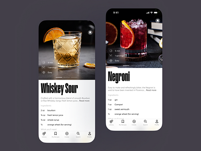 Cocktails app bar bartender cocktails daily ui dark dark mode design menu mobile app recipies ui