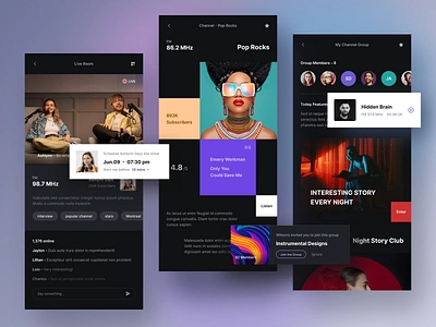 Podcast & Music App app app design dark entertainment group interview live mobile mobile app mobile design music music app podcast popular profile star ui video