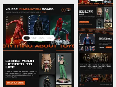 Toyzz - Toys Landing Page action figure bold card collection dark mode design gallery hobby hot toys kids landing page marketplace thumbnail toy toys typography ui uiux ux website