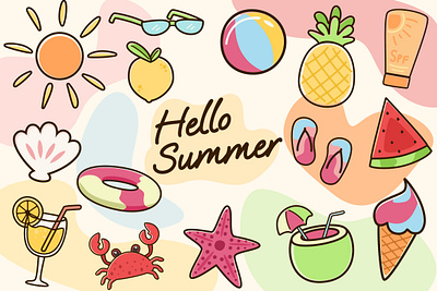 Summer illustrations set adobe illustration cartoon cartoon art supply clip art clipart design doodle flat design illustration spring summer