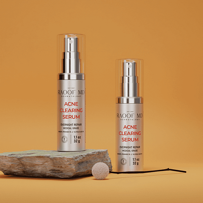 Luxury Packaging ft. RAOOF MD Dermatology Acne Serum label design packaging skincare spf protection.