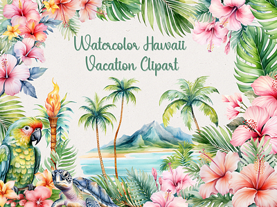Watercolor Hawaii Vacation Clipart floral graphics graphic design pastel graphics tropical island clipart watercolor clipart watercolor hawaii clipart watercolor island clip art