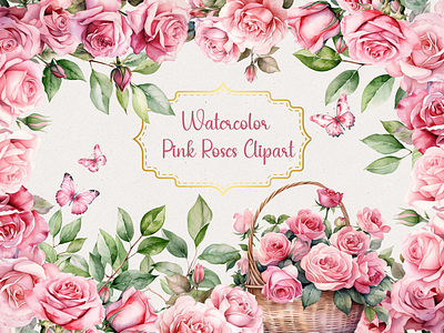 Watercolor Pink Roses Clipart design floral graphics graphic design illustration pastel graphics pink florals watercolor clipart watercolor pink roses clipart