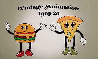 Vintage 2D animation gif loop Burger & Pizza retrocartooncharacter