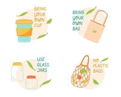 Zero Waste ecology glass jars leaves lettering plastic bags stickers zero waste