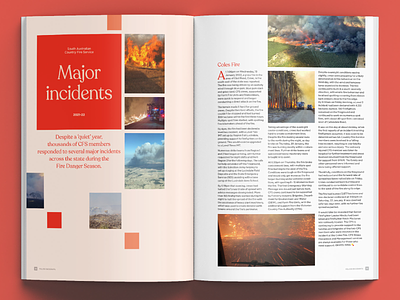 SACFS - 2022 Yearbook Internal Spread australian booklet design branding bush fires design editorial design emergency services fire firefighters graphic design layouts red spread squares typography vector yearbook