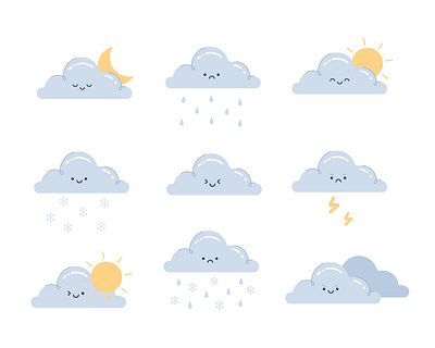 Fun Clouds Character cartoon character cloud clouds cute design eyes face fun icon illustration kawaii rain sticker sun weather