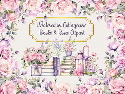 Watercolor Cottagecore Books Clipart design floral graphics graphic design illustration pastel graphics pink florals watercolor clipart