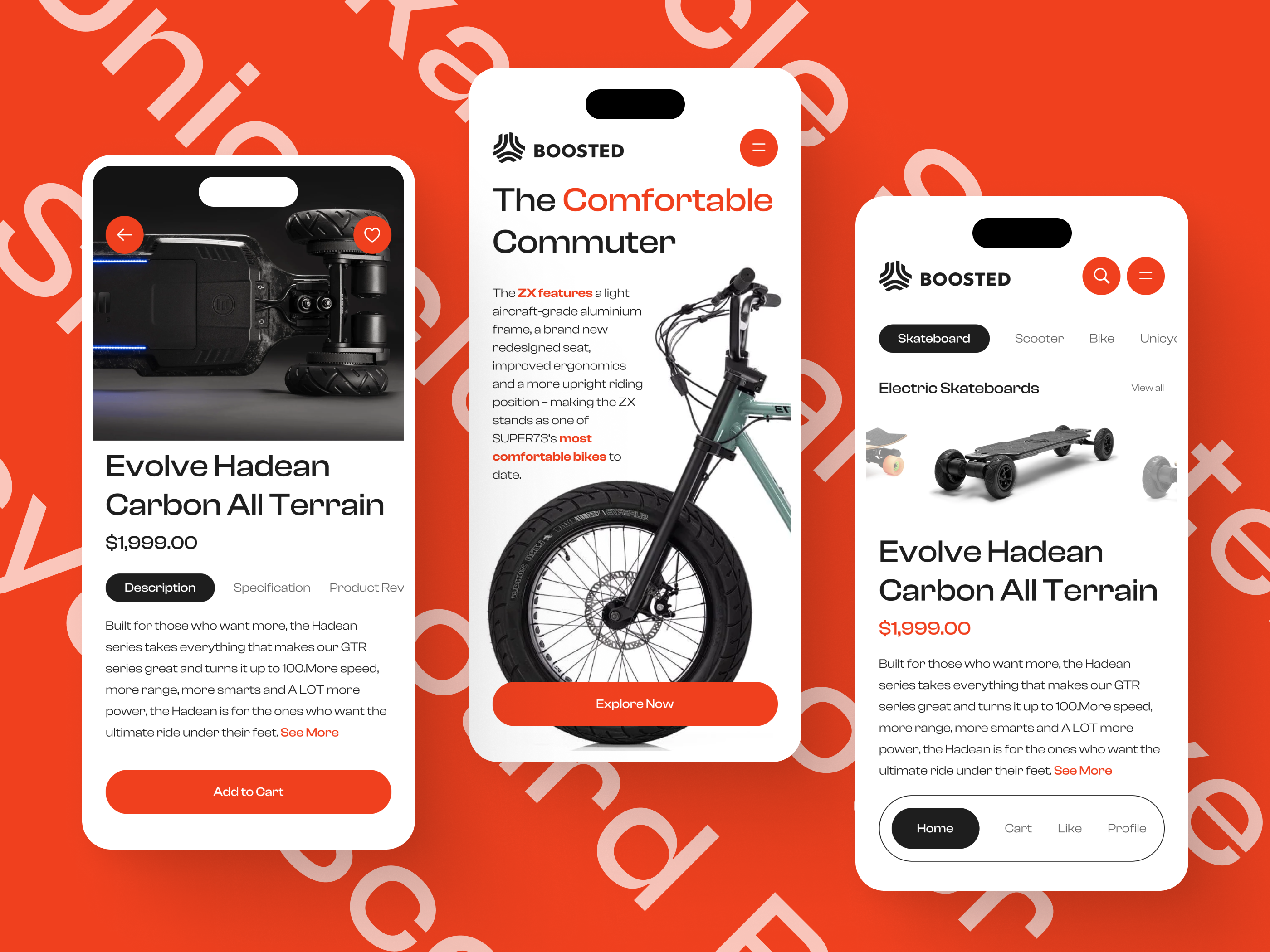 Boosted Boards - Ecommerce App app board boosted buy cart design ecommerce figma home inspiration ios app market place mobile app mobile design online store orange shop skateboard ui ux