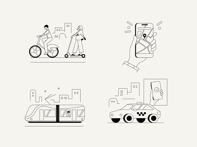 ⚡️ app black branding bw city design electric illustration micro minimalistic mobility outlines people phone scooter taxi tram transportation ui vector