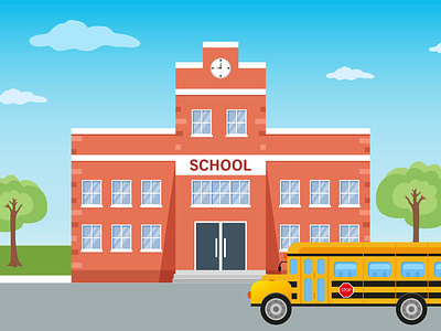 School building and school bus. Welcome to school grade