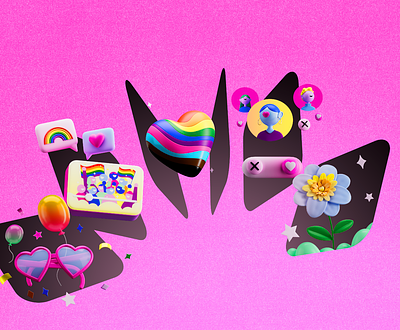 Apple App Store Holiday Series - Pride Month 3d 3d design 3d illustration branding bright character characters colour colourful design flowers fun glasses heart illustration month pride pride heart pride month
