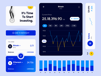 Investment Cards bitcoin blockchain branding button cards chart color pallete companies convert crypto cryptocurrency design design system graph investment landing page list stock market ui ux