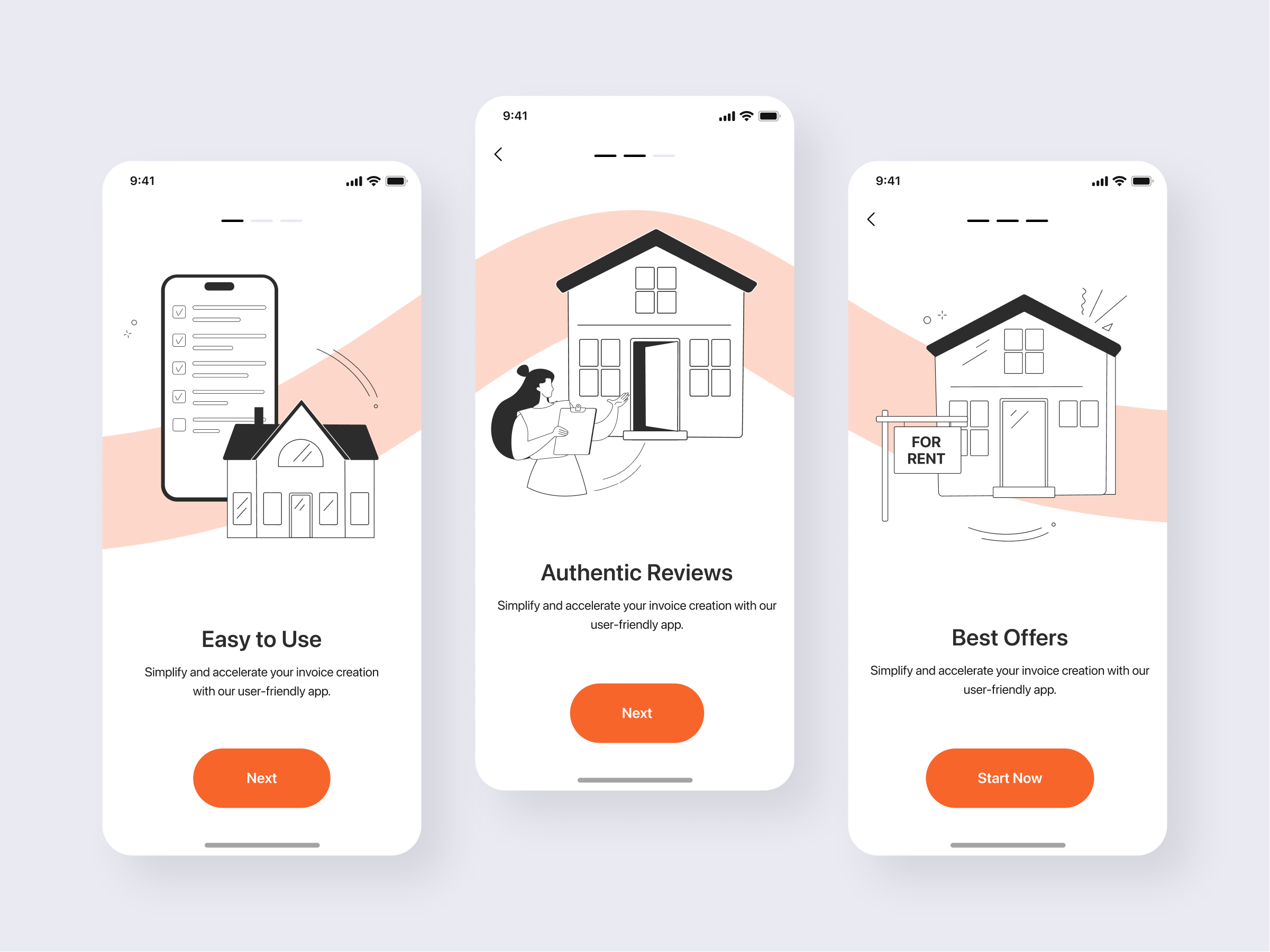 Rente - Onboarding Screens app app ui design design services dribbble home onboarding illustrations onboarding screens rent rental rental app review review app ui