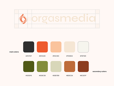 branding . orgasmedia . colors brand brand design branding colors corail figma guide guideline illustrator logo logo construction logo variant logotype media orange orgasm sexuality