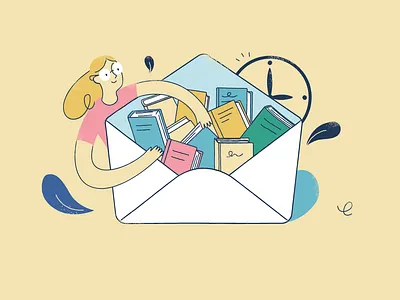 Mailing list illustration book bools character clock design envelope flat girl illustration letter mailing vector