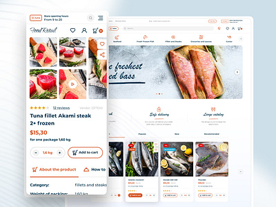 Seafood Shop Web & App Design eat ecommerce fish food fooddesign minimalist online onlineshop sea seafood shop ui uiux ux web web design