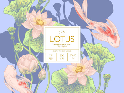 LOTUS- patterns & motifs branding decor design drawing fabric floral flower graphic design illustration koi lotus nature pattern pattern design pink plant purple seamless pattern textile wallpaper