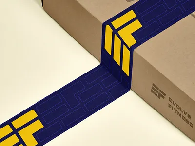 Evolve Fitness packaging design blue bold brand identity branding design ef logo exciting exercise fitness geometric logo mockup modern monogram packaging packaging design typography yellow