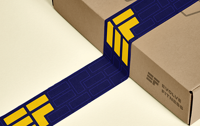 Evolve Fitness packaging design blue bold brand identity branding design ef logo exciting exercise fitness geometric logo mockup modern monogram packaging packaging design typography yellow