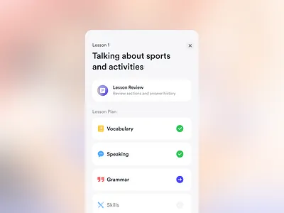 Language Learning - Lesson Plan arrow card complete education grammar language learning lesson list mobile modal notes plan review tick to do ui vocabulary