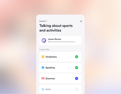 Language Learning - Lesson Plan arrow card complete education grammar language learning lesson list mobile modal notes plan review tick to do ui vocabulary