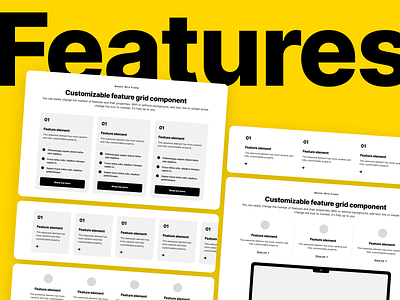 Features - Master Wire Frame Kit article blocks card clean feature features figma flow headline minimal number page prototype template text visual web webdesign wireframe wireframing