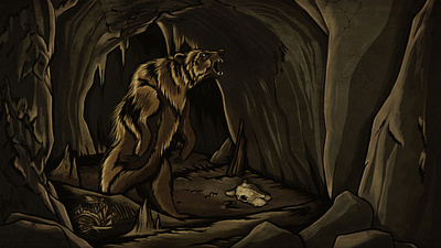 Логово медведя 2d illustration концепт медведь персонаж пещера