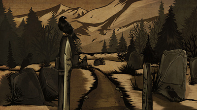 Пейзаж погоста 2d fantasy illustration вороны горы кладбище концепт лес пейзаж погост