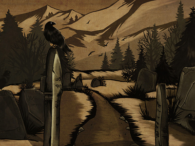 Пейзаж погоста 2d fantasy illustration вороны горы кладбище концепт лес пейзаж погост