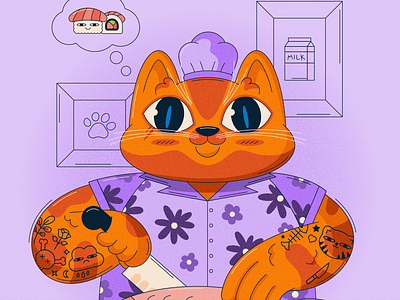 Sushi Cat branding cat character chef cute design dribbble fish flat design flowers graphic illustration kitten purple sushi tattoos vector