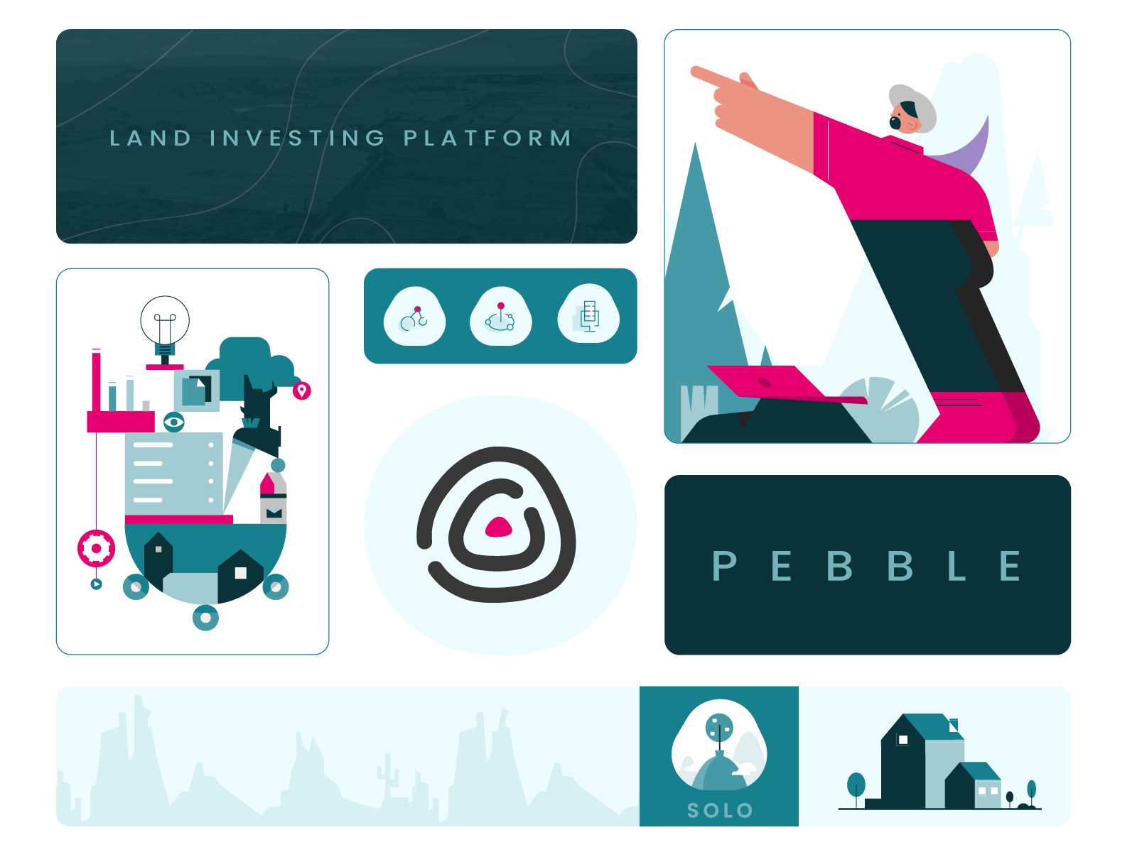 PEBBLE - Bento Layout bento brand branding character character design flat gradient graphic design icon identity illustration illustration system logo minimal process shapes system vector woman