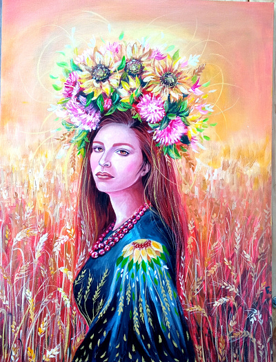 Ukrainian portrait of Woman in Wreath Wheat field, Original art fashion field handmade nature paint painting ukraine war woman