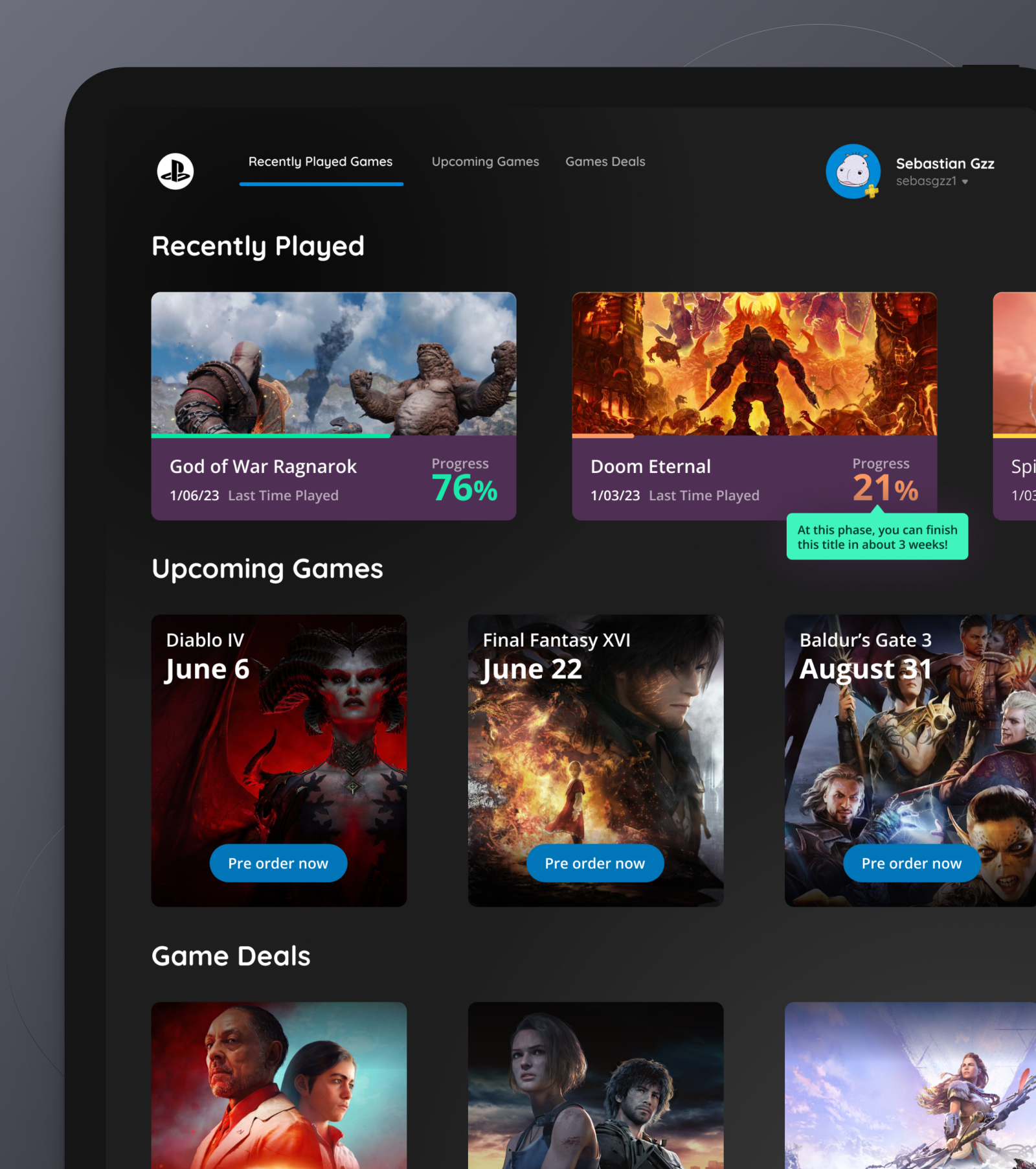 PS5 My Games Dashboard app design gaming ipad ps5 ui