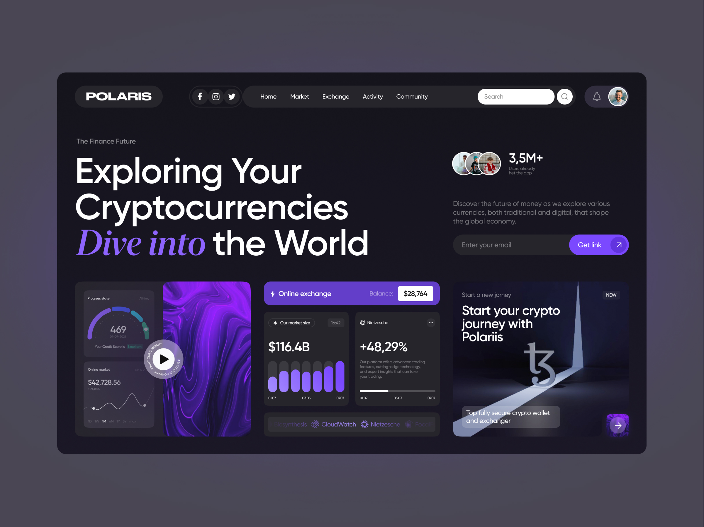 Polaris - Crypto Exchange Website Hero clean crypto crypto space crypto wallet defi defi website design eth exchange finance futuristic interface landing page modern design money exhange nft token ui ux wallet website web design webflow